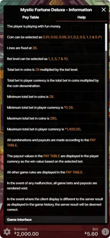 Players Help Mystic Fortune Deluxe